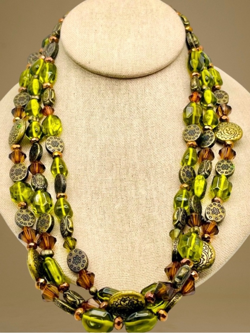 Vintage Multi Strand Green Glass Brown Crystal Bronze Tone Accents Bead Necklace